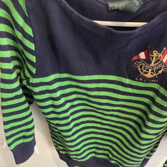 Vtg Ralph Lauren Nautical Green Sweater L Blue Stripe Embroider Preppy Fisherman - Picture 5 of 9
